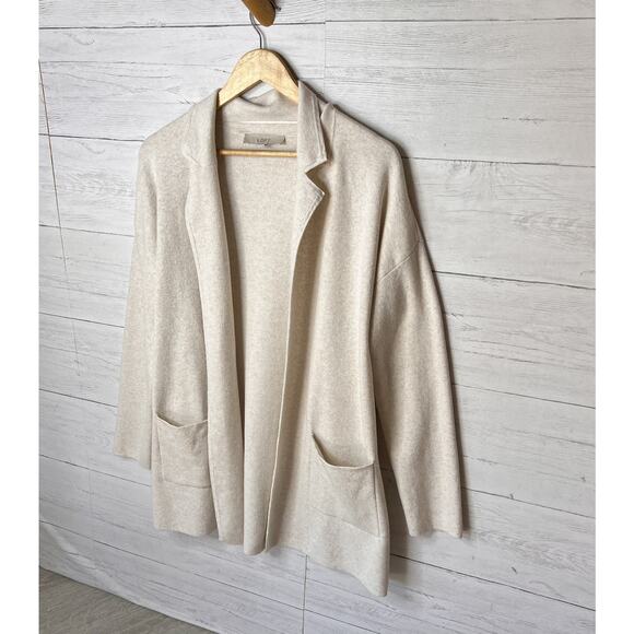 Loft Cardigan Womens Size Medium Oatmeal Open Knit Cotton Blend Pockets - Picture 4 of 15
